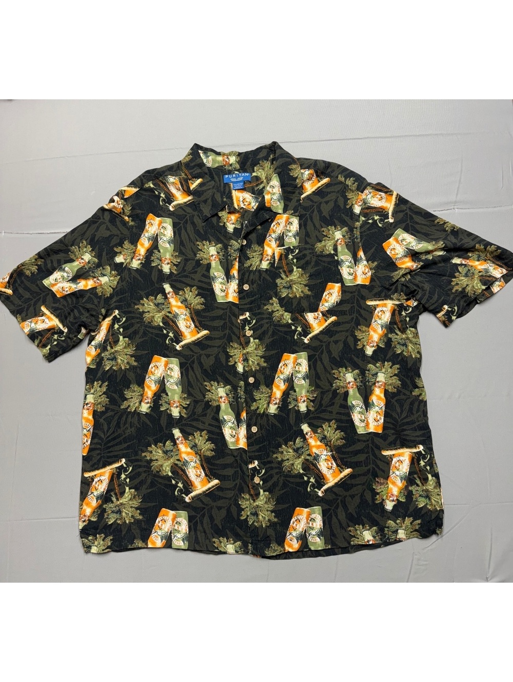 Puritan Men 2XL Shirt Rayon Beer Bottle Print Tropical Black Button Down Short
